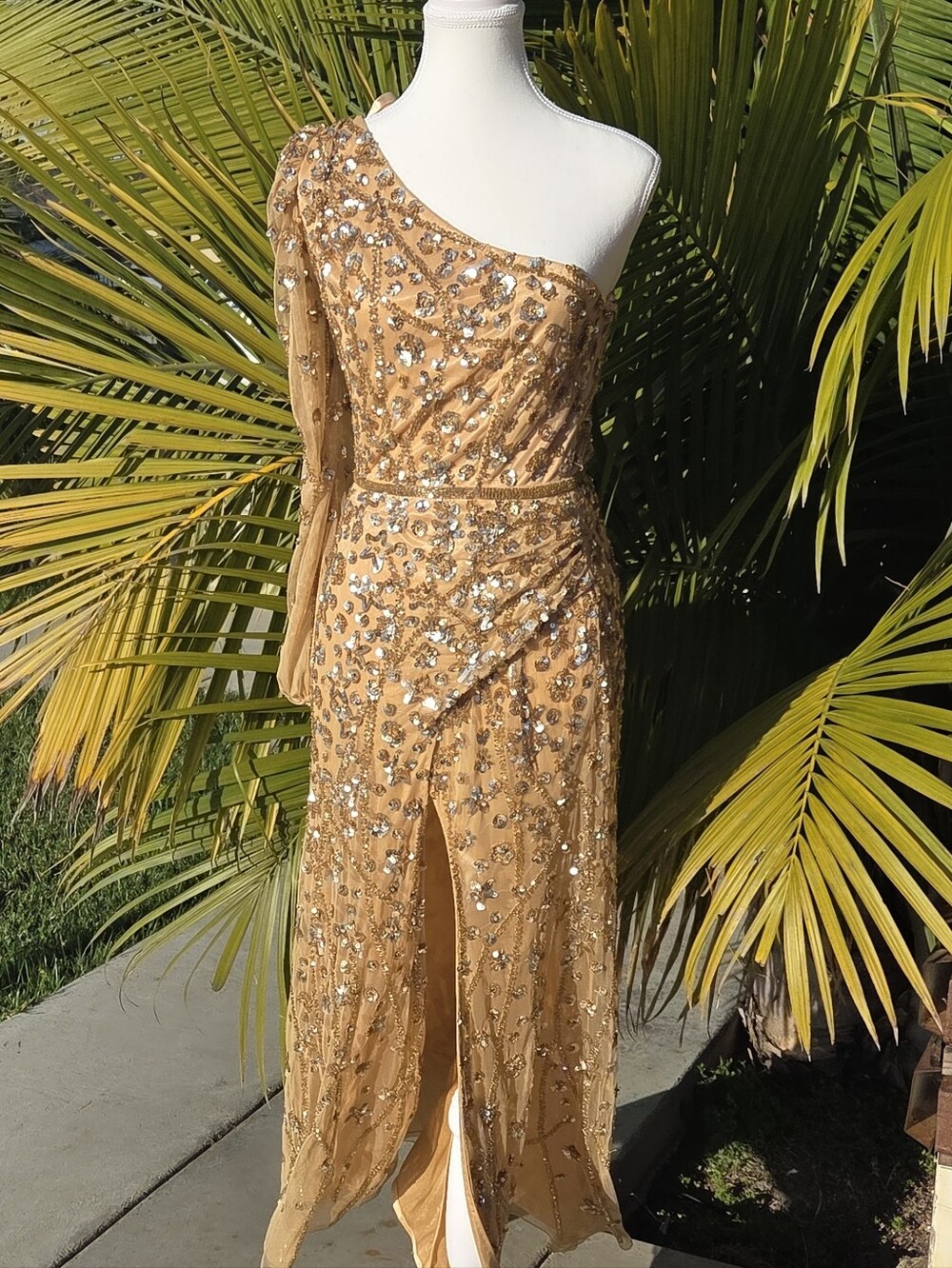 Mac Duggal One-Shoulder Gold Sequin Evening Gown